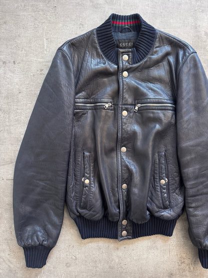 2000's Gucci Navy Leather Flight Bomber Jacket