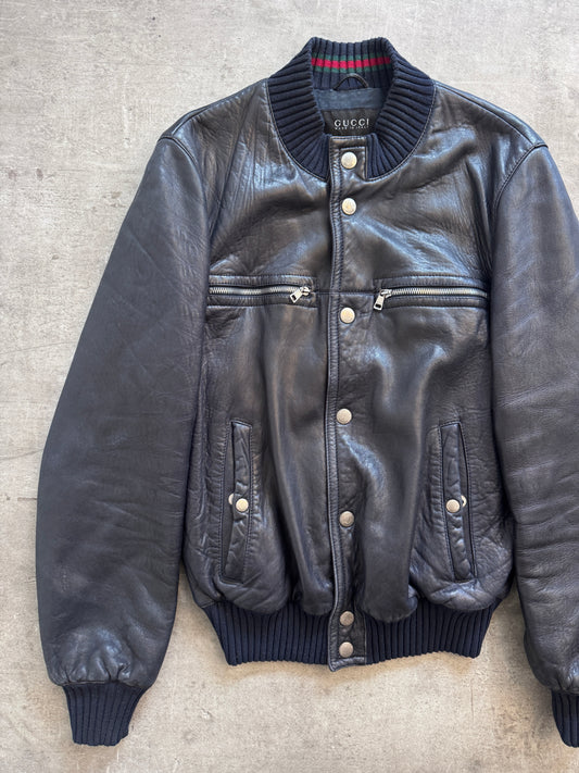 2000's Gucci Navy Leather Flight Bomber Jacket