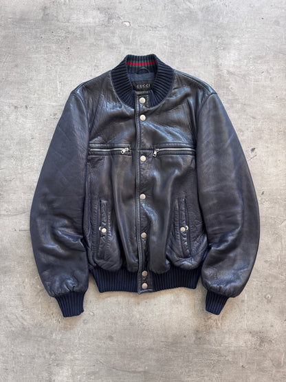 2000's Gucci Navy Leather Flight Bomber Jacket