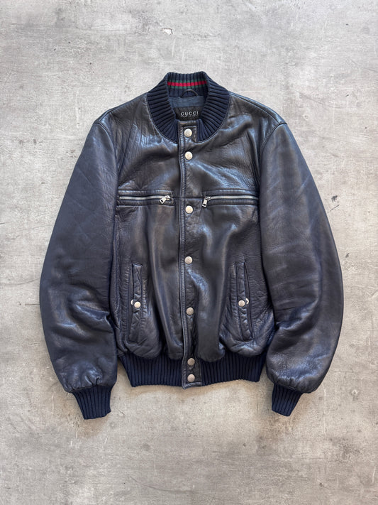 2000's Gucci Navy Leather Flight Bomber Jacket