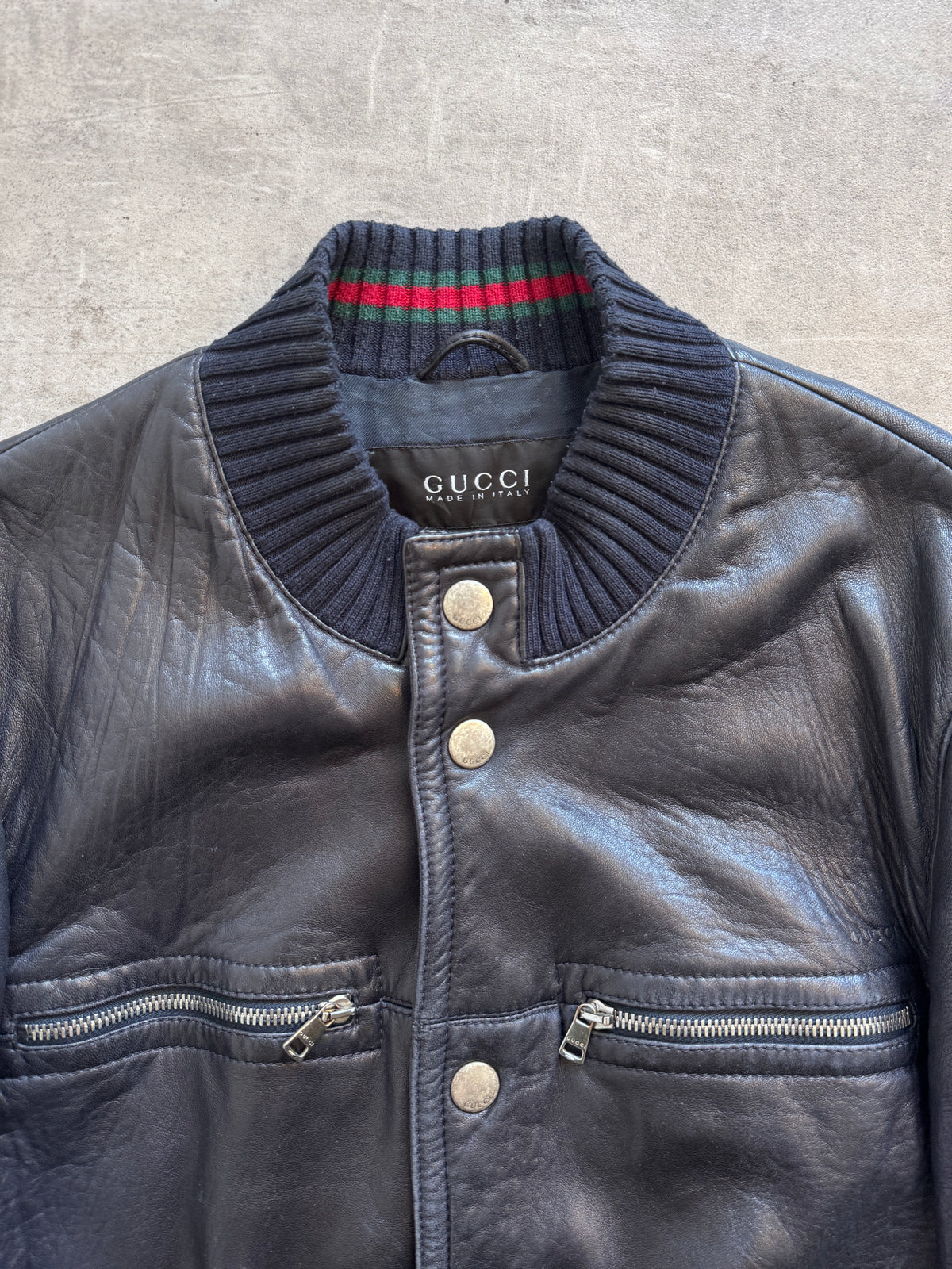 2000's Gucci Navy Leather Flight Bomber Jacket