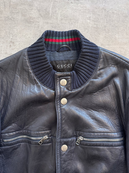 2000's Gucci Navy Leather Flight Bomber Jacket