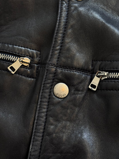 2000's Gucci Navy Leather Flight Bomber Jacket