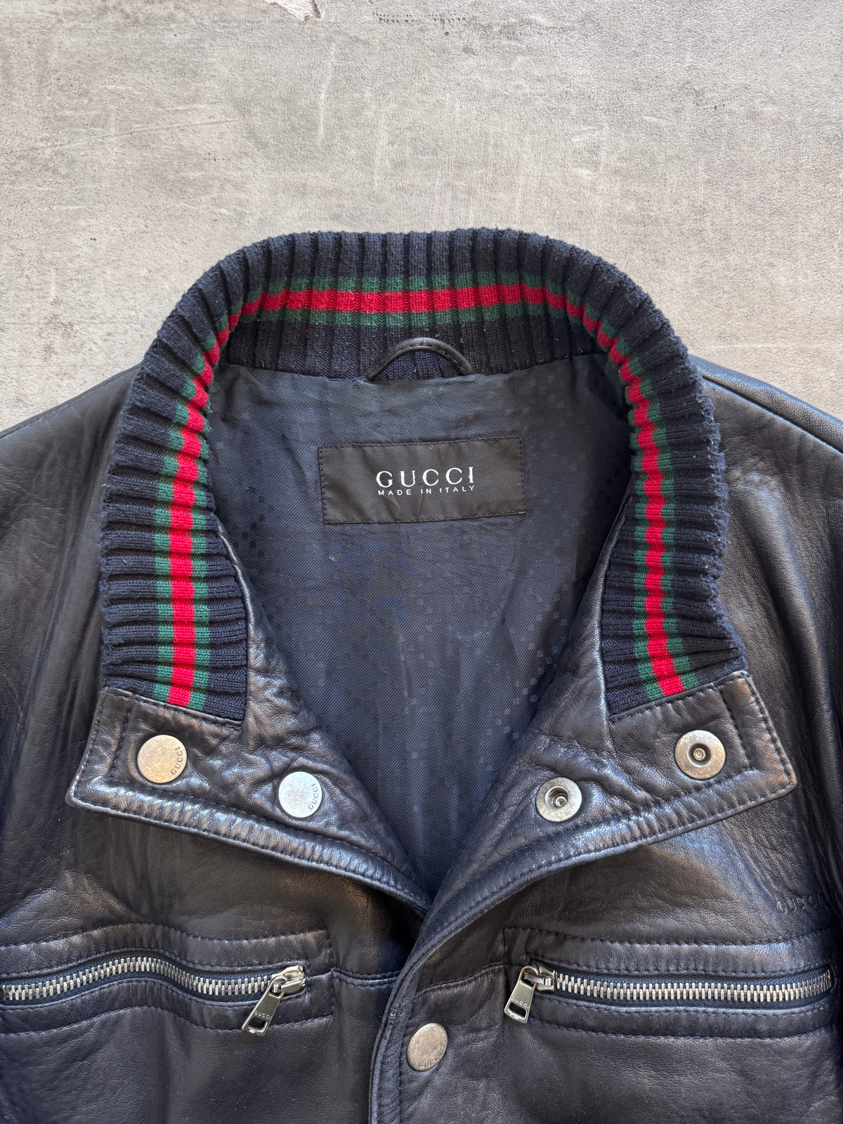 2000's Gucci Navy Leather Flight Bomber Jacket