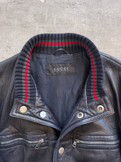 2000's Gucci Navy Leather Flight Bomber Jacket
