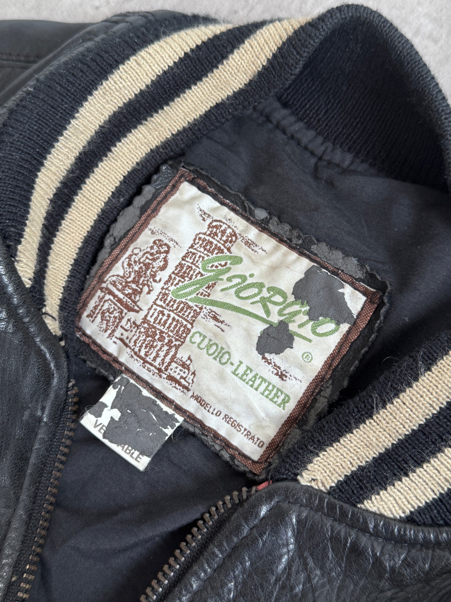 Giorgio Tri Tone Spellout Leather Bomber Jacket