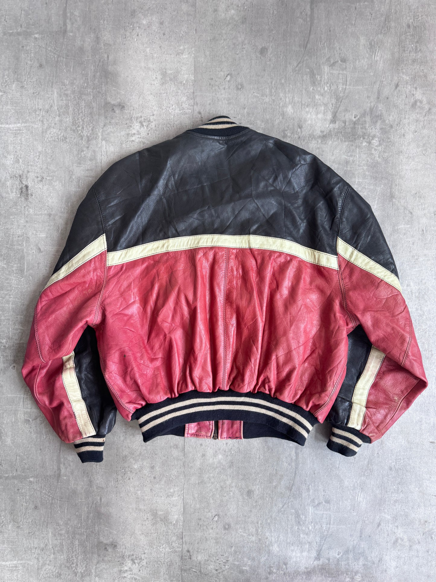 Giorgio Tri Tone Spellout Leather Bomber Jacket