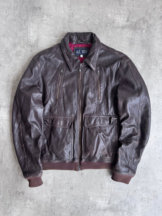 Armani Jeans Washed Brown Leather Blouson