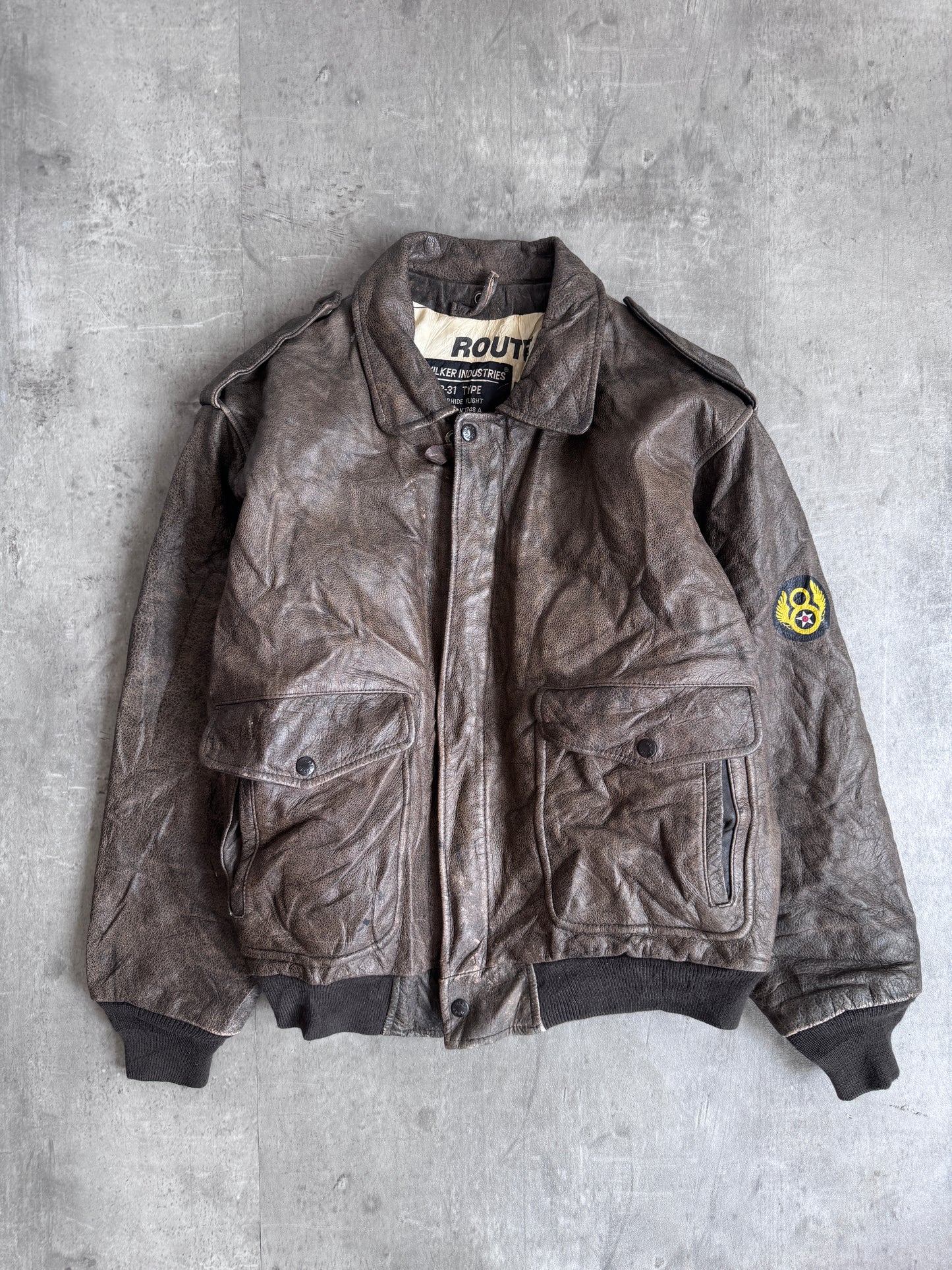 1980s Route Wilker Industries Weathered Leather Flight Bomber