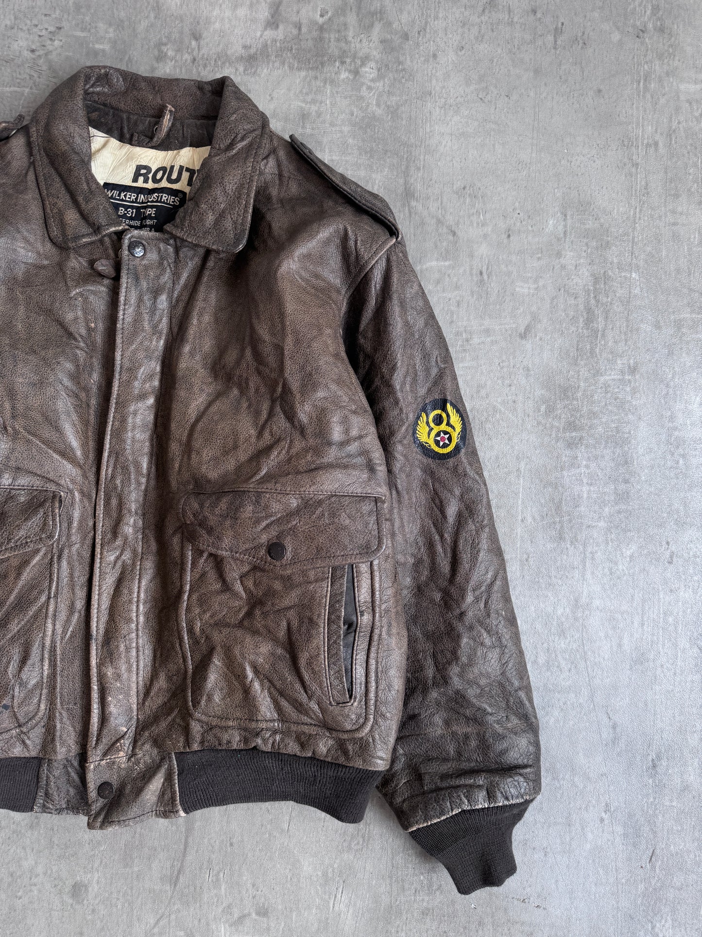 1980s Route Wilker Industries Weathered Leather Flight Bomber