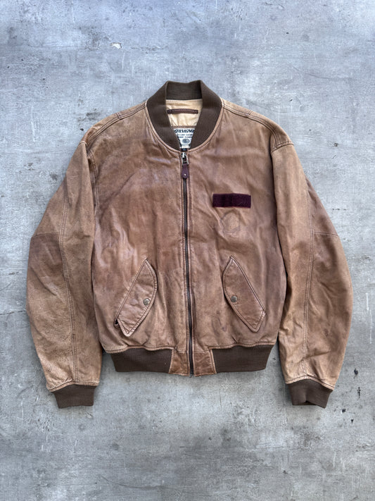 Chevignon Rough Style Tan Leather Bomber Jacket