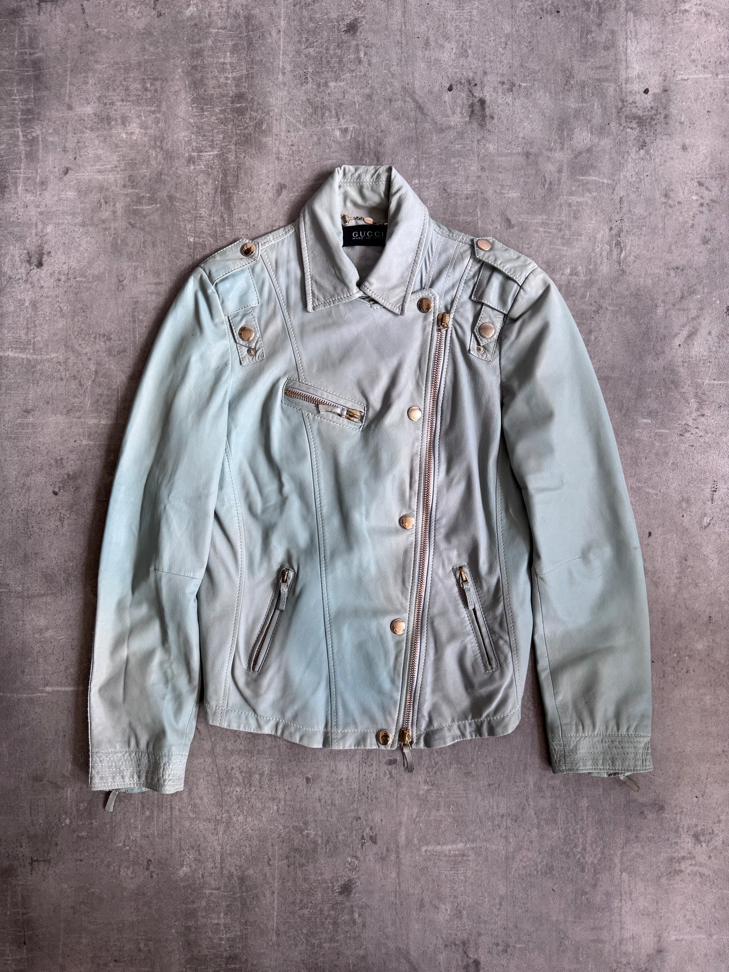 Gucci Teal Blue Lambskin Leather Biker Jacket SC: 5782