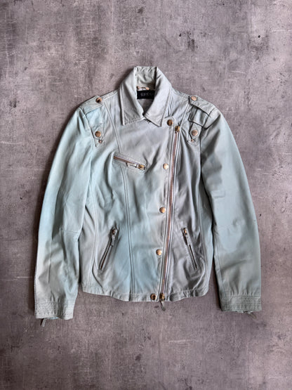 Gucci Teal Blue Lambskin Leather Biker Jacket SC: 5782