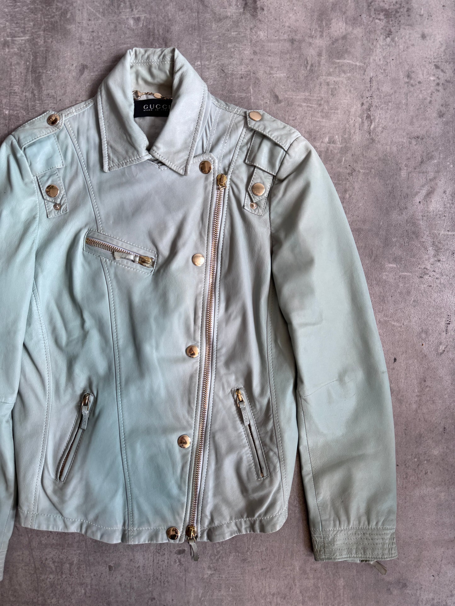 Gucci Teal Blue Lambskin Leather Biker Jacket SC: 5782