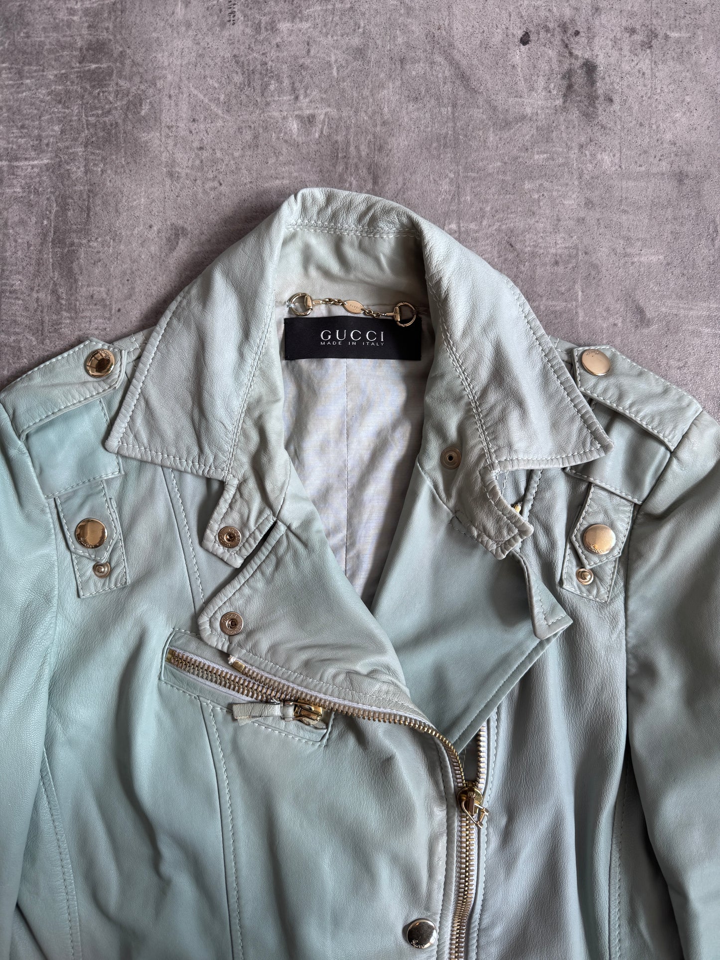 Gucci Teal Blue Lambskin Leather Biker Jacket SC: 5782