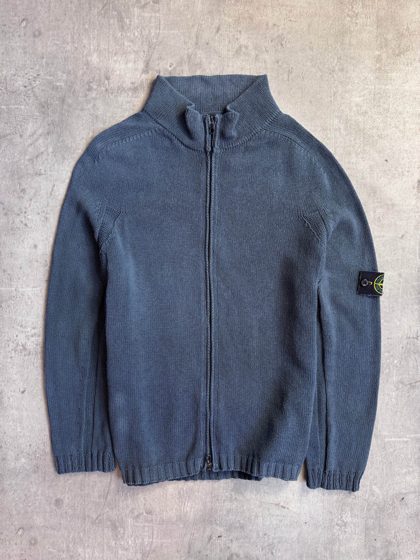 S/S 2003 Stone Island Washed Petrol Blue Zip Knit Sweater