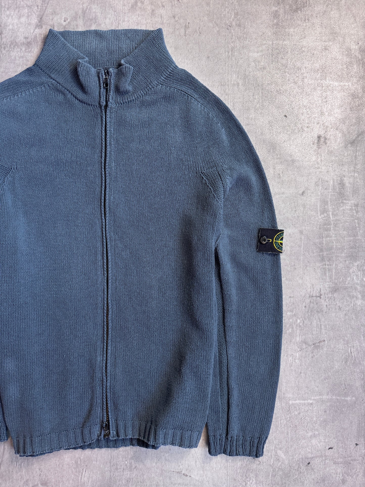 S/S 2003 Stone Island Washed Petrol Blue Zip Knit Sweater