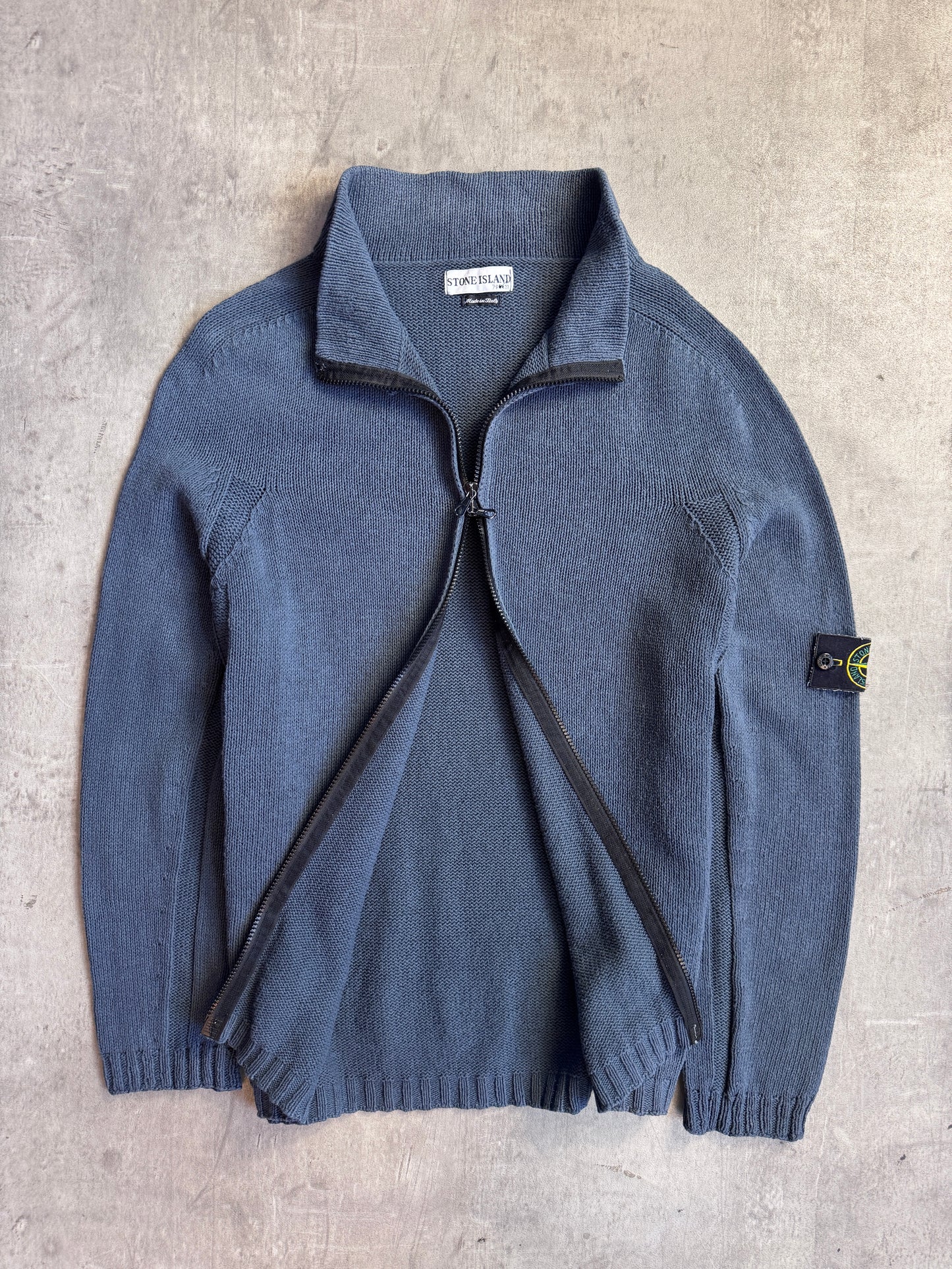 S/S 2003 Stone Island Washed Petrol Blue Zip Knit Sweater