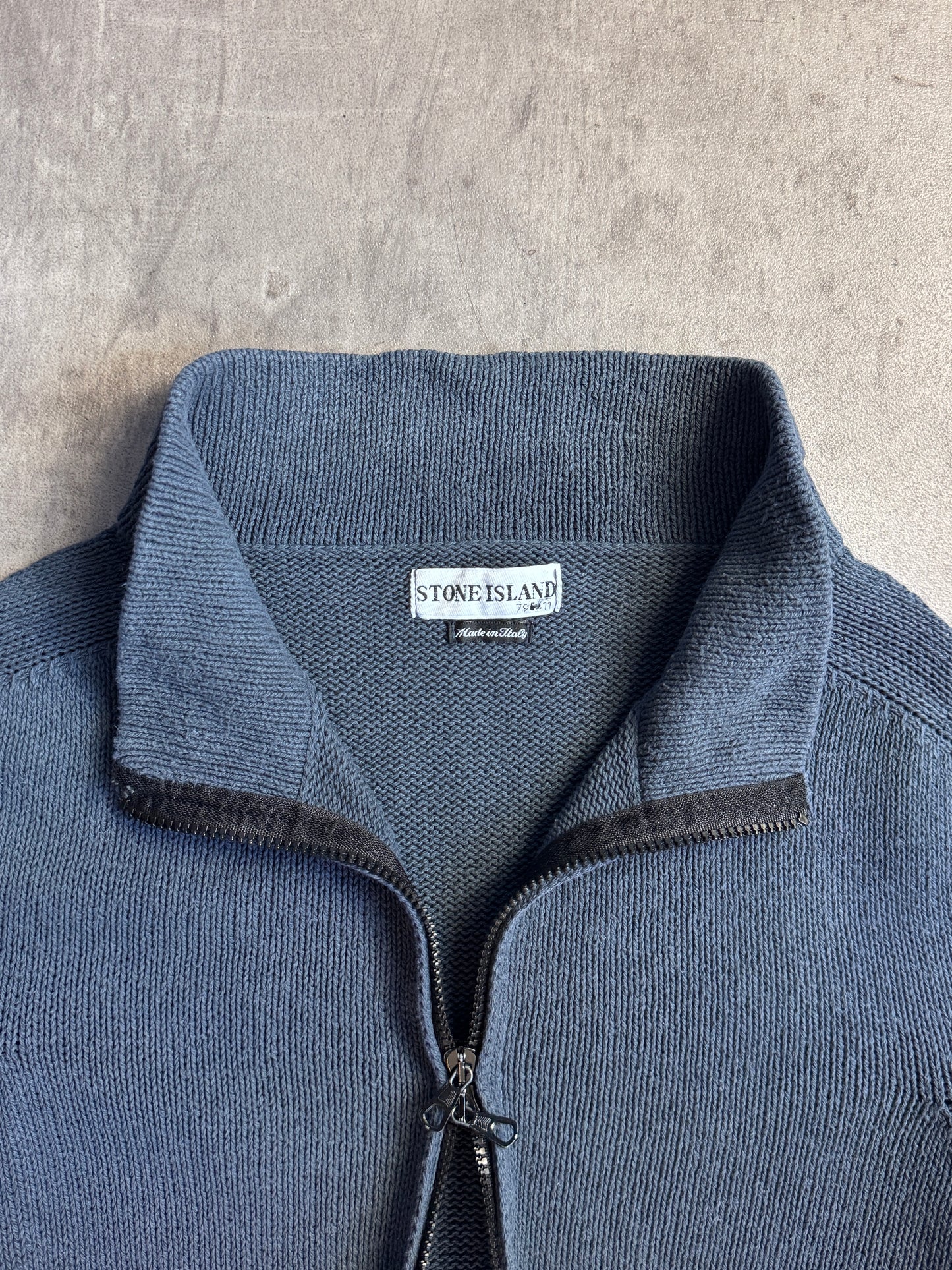 S/S 2003 Stone Island Washed Petrol Blue Zip Knit Sweater