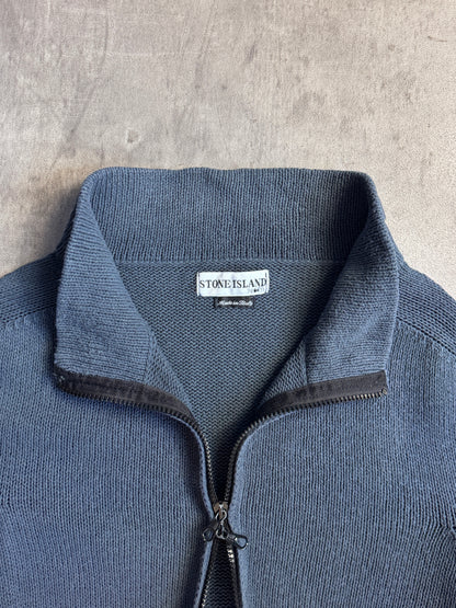 S/S 2003 Stone Island Washed Petrol Blue Zip Knit Sweater