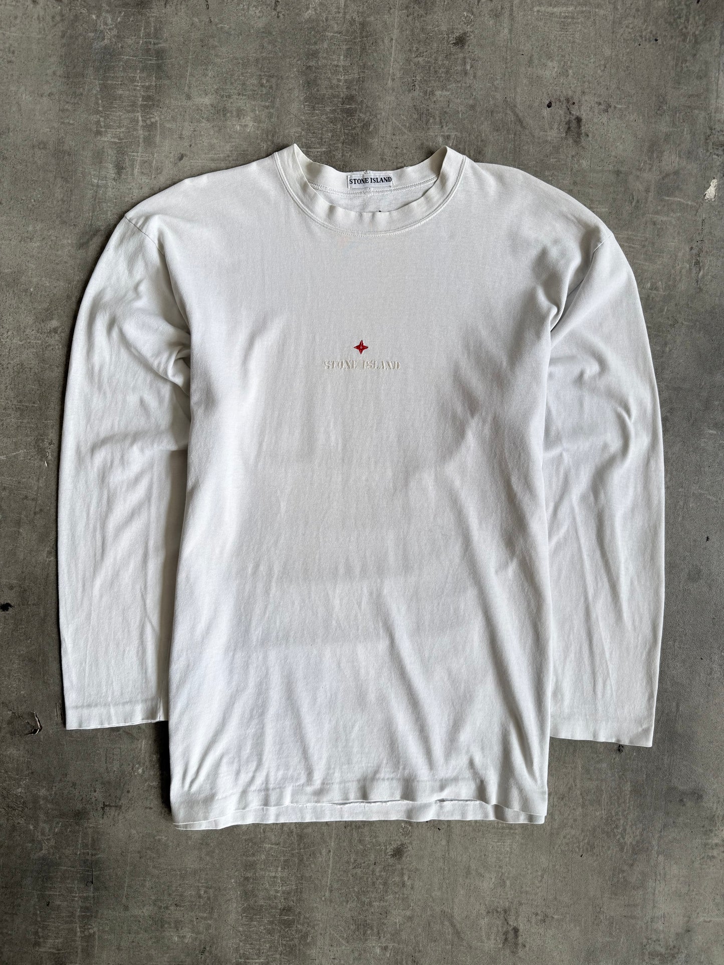 1990's Stone Island White LS Embroidered Spellout Tee