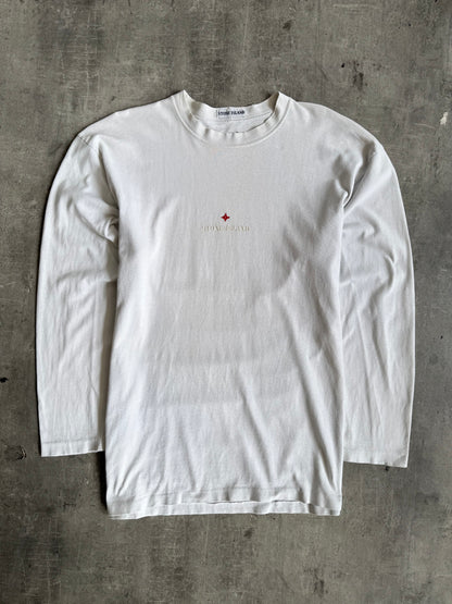1990's Stone Island White LS Embroidered Spellout Tee