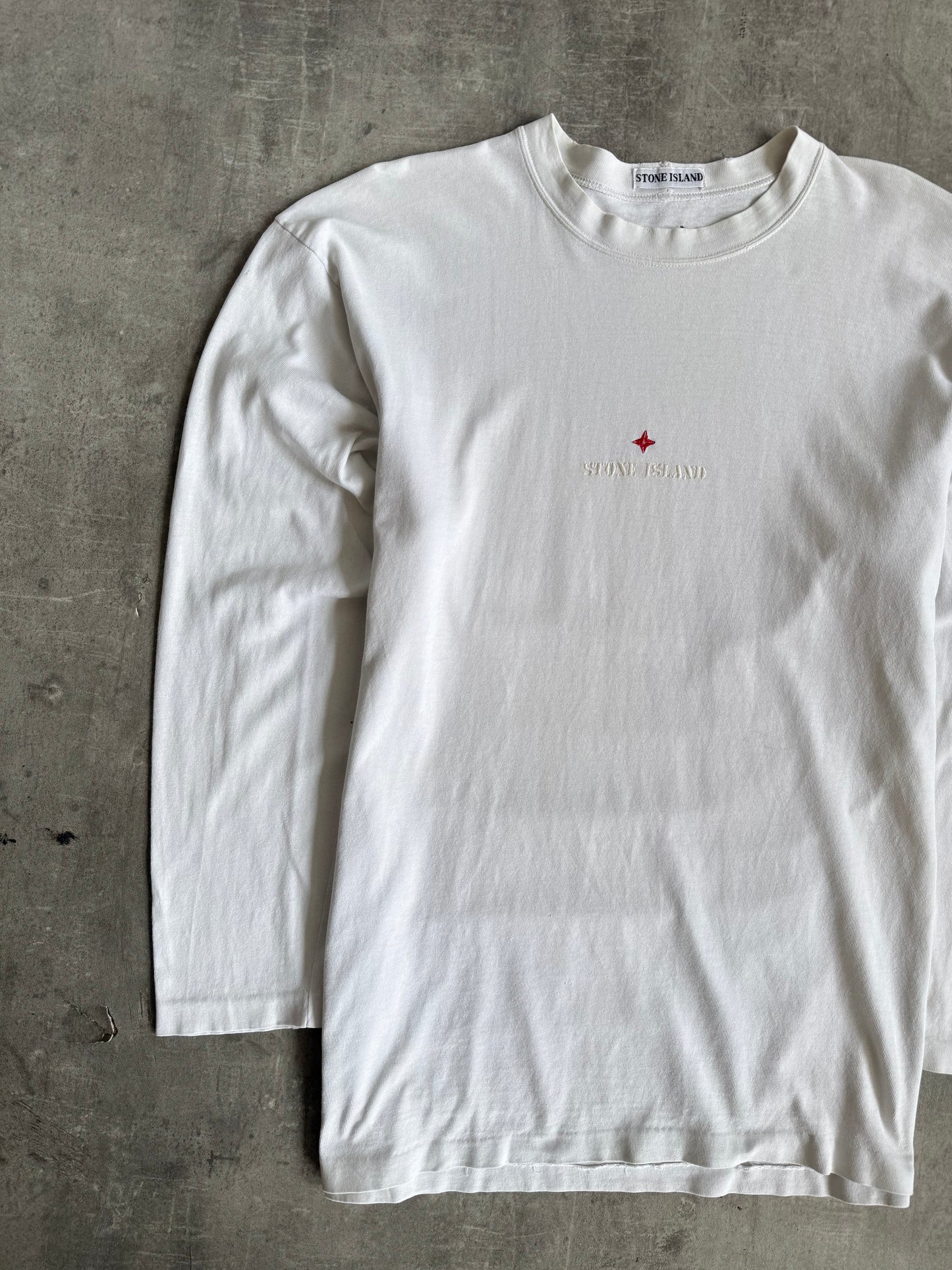 1990's Stone Island White LS Embroidered Spellout Tee