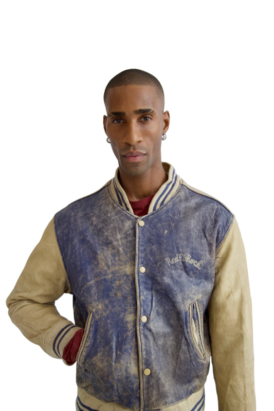 Red-N-Rock Distressed Blue Leather Varsity Jacket
