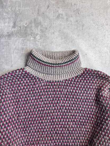 1980s C.P. Company Multi Intarsia Wool Rollneck Knit Sweater