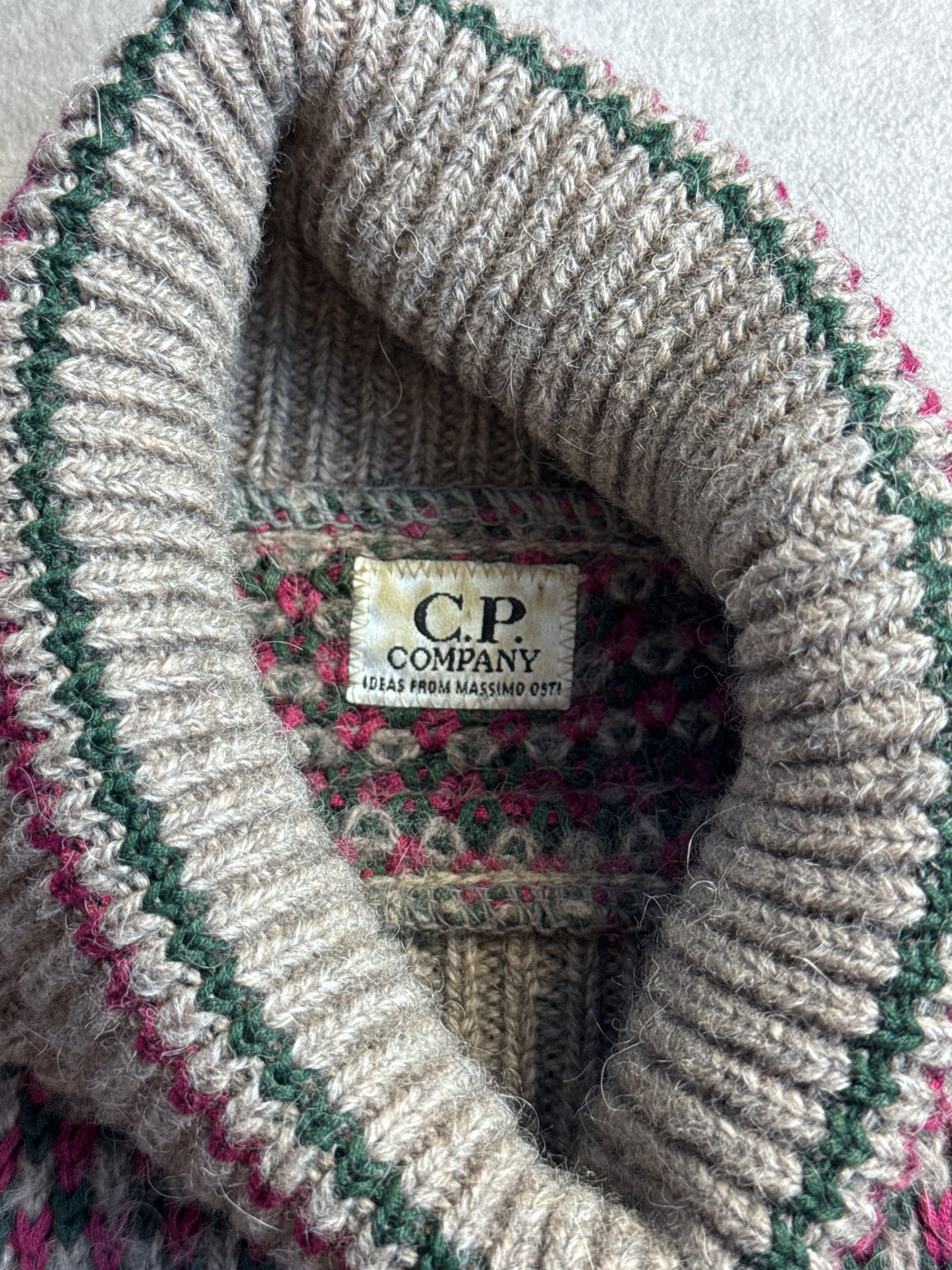 1980s C.P. Company Multi Intarsia Wool Rollneck Knit Sweater