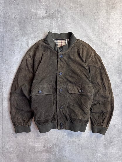 Burberry Olive Velour Button Down Bomber Jacket