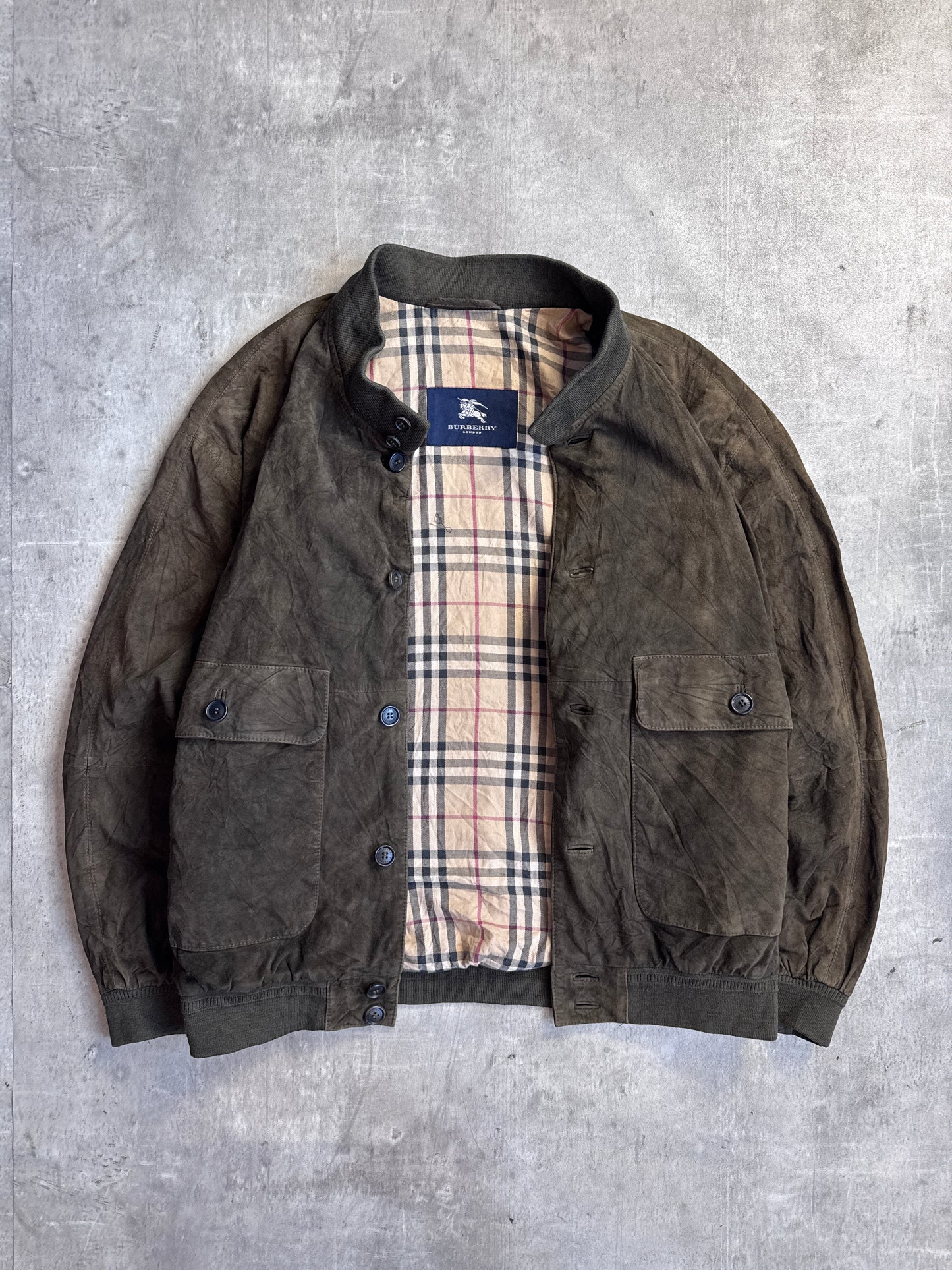 Burberry Olive Velour Button Down Bomber Jacket