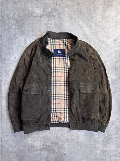 Burberry Olive Velour Button Down Bomber Jacket