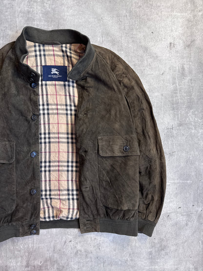 Burberry Olive Velour Button Down Bomber Jacket