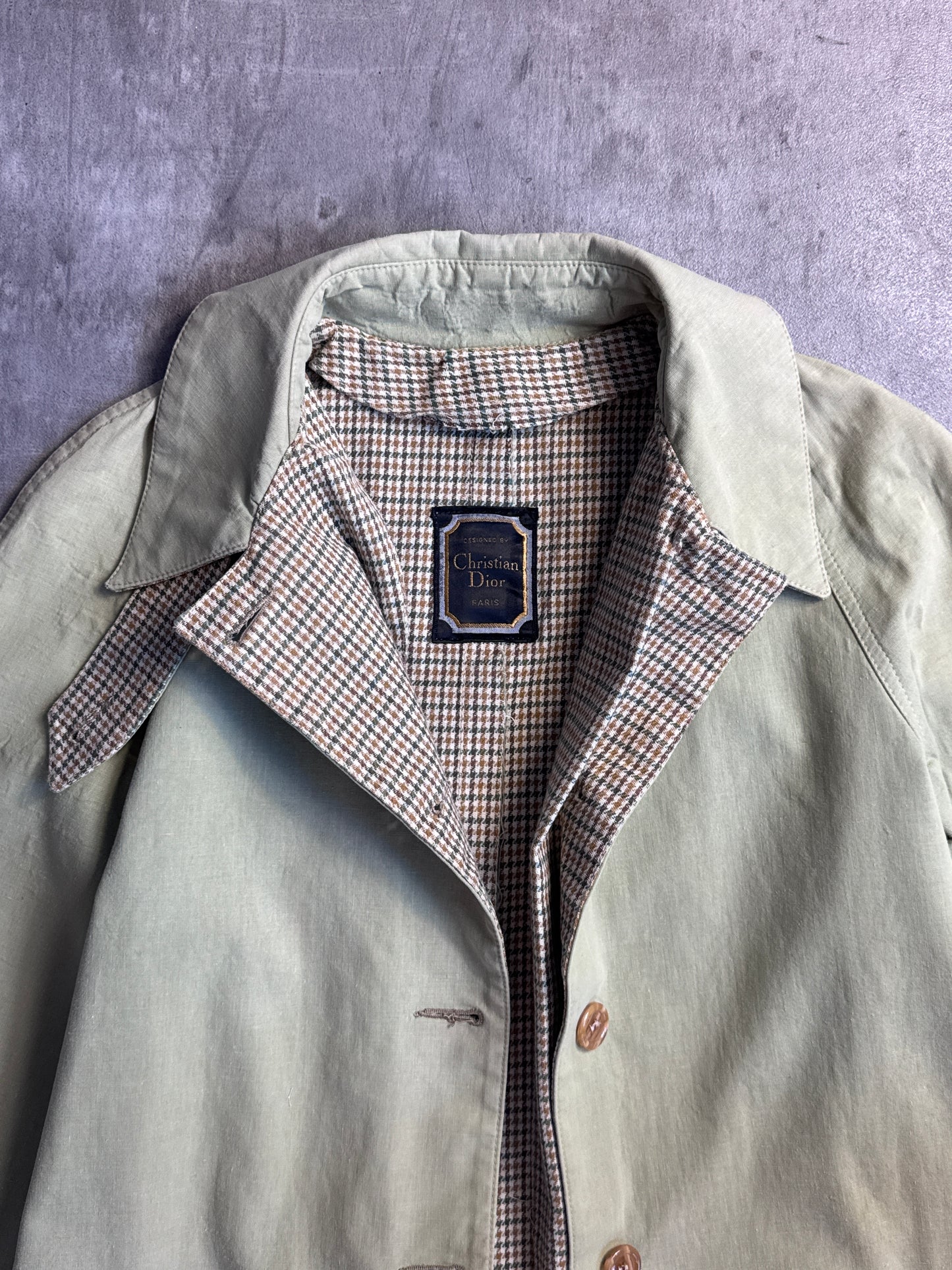 80s Christian Dior Pale Green Herringbone Lined Coat
