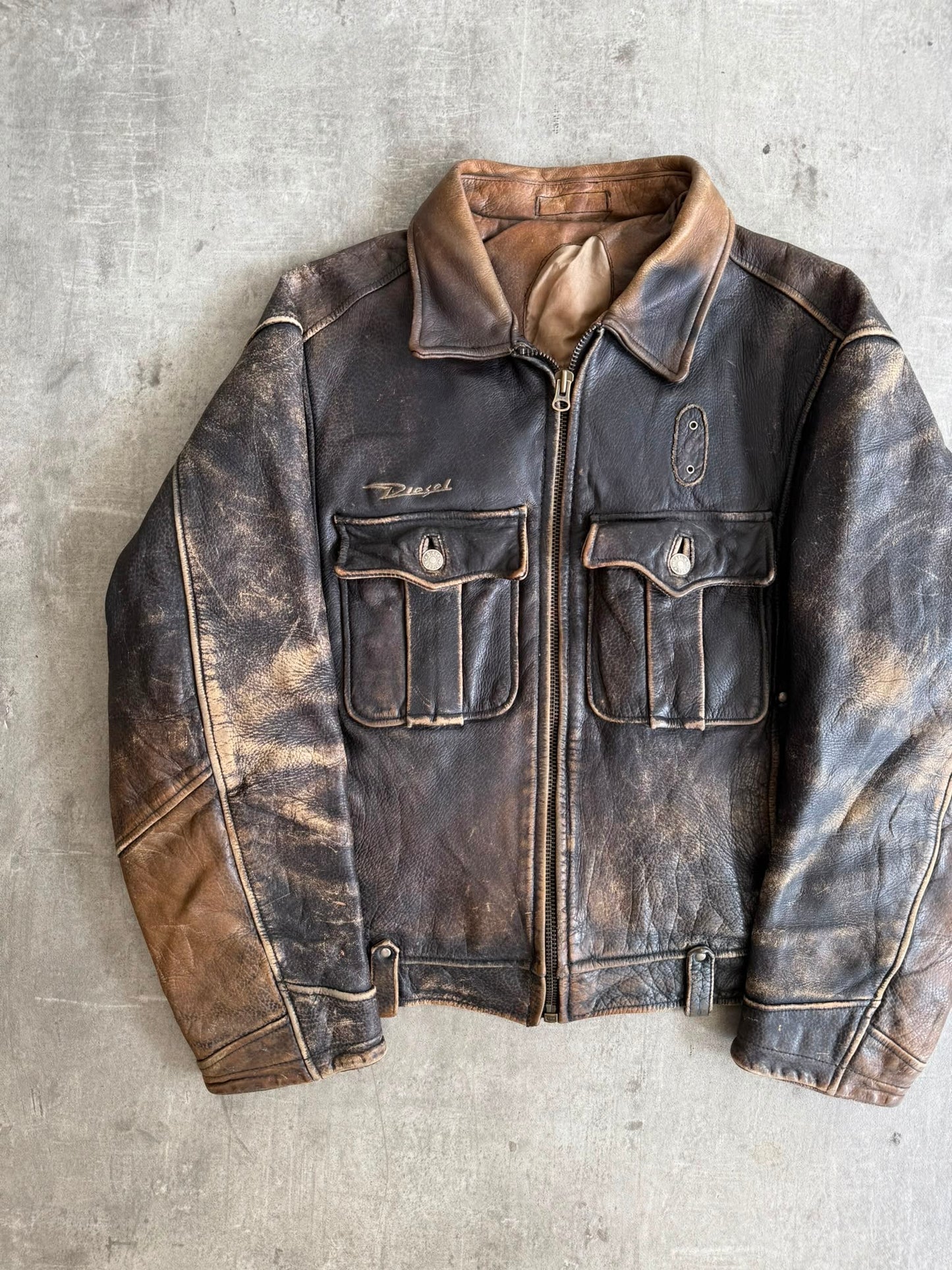 1990's Diesel Distressed Brown Leather Bomber Jacket
