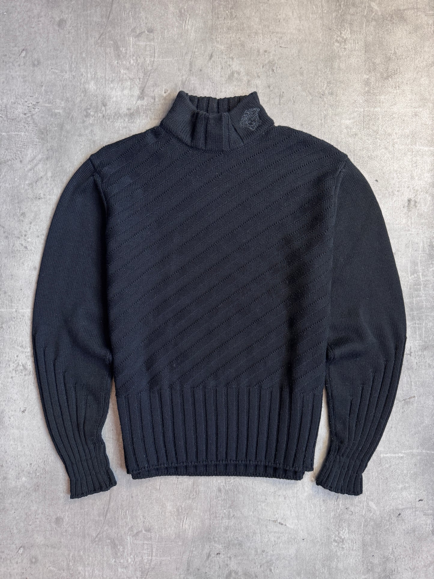 Versace Black Diagonal Stripe Mockneck Knit Sweater