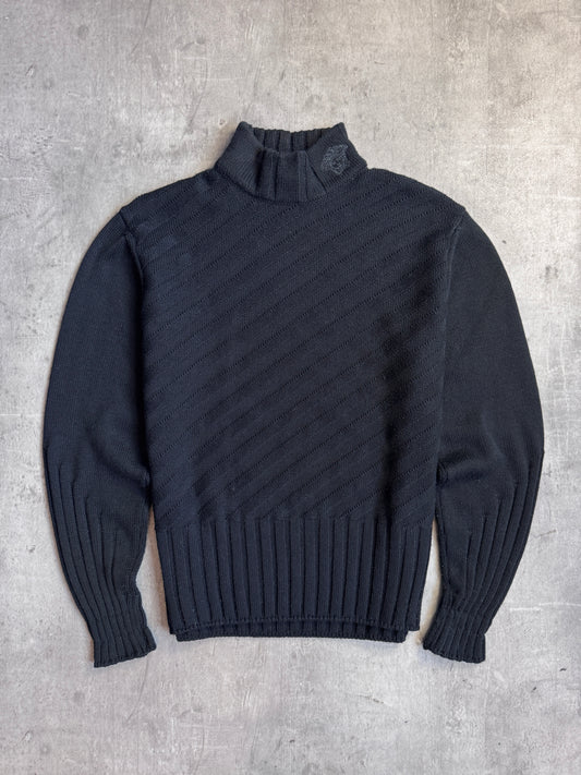 Versace Black Diagonal Stripe Mockneck Knit Sweater