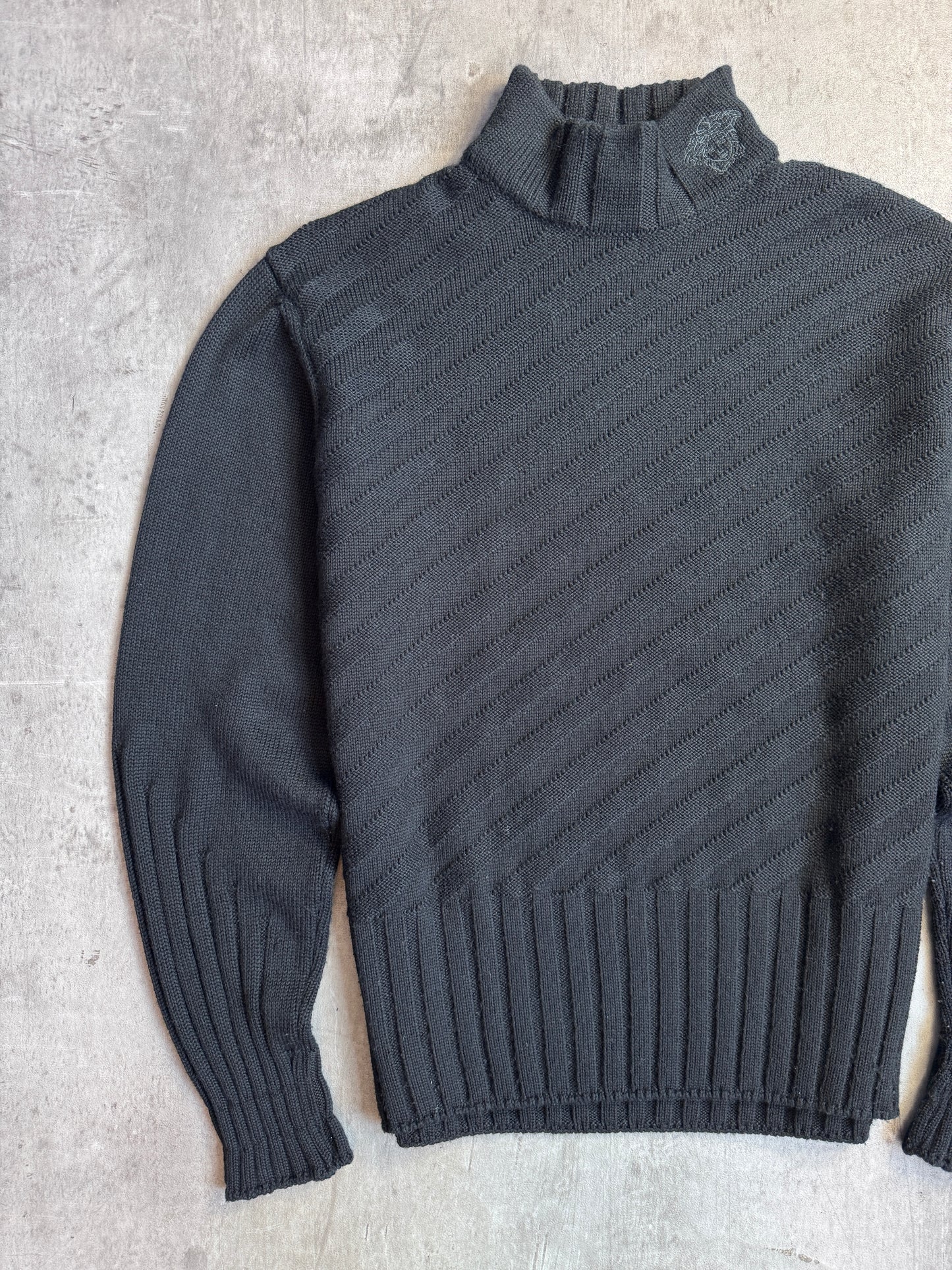 Versace Black Diagonal Stripe Mockneck Knit Sweater