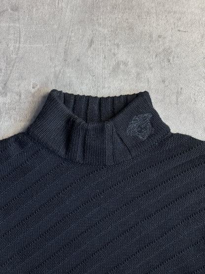 Versace Black Diagonal Stripe Mockneck Knit Sweater