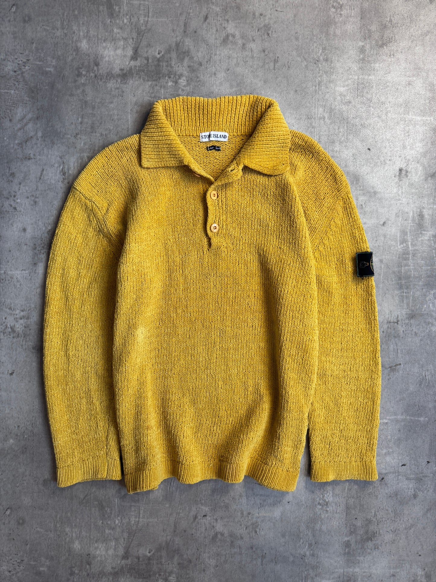 S/S 1997 Stone Island Sunshine Yellow Chenille Button Up Knit Sweater