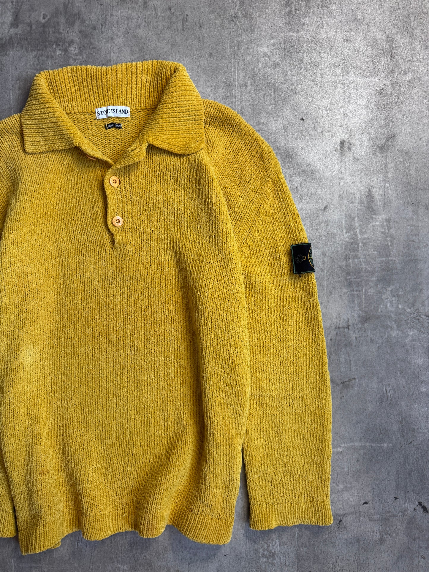 S/S 1997 Stone Island Sunshine Yellow Chenille Button Up Knit Sweater