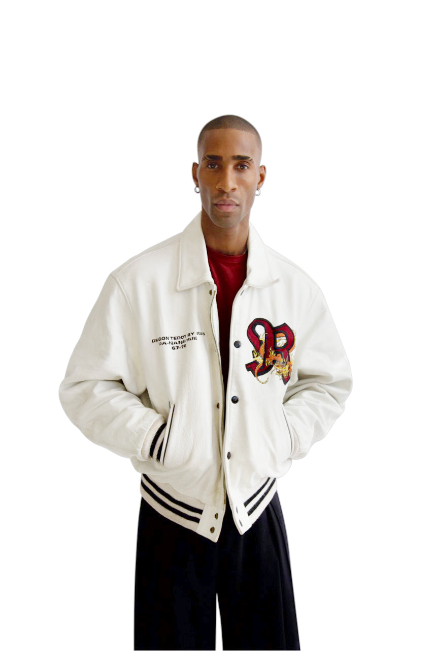 Redskins Dragon Embroidered White Leather Varsity Jacket