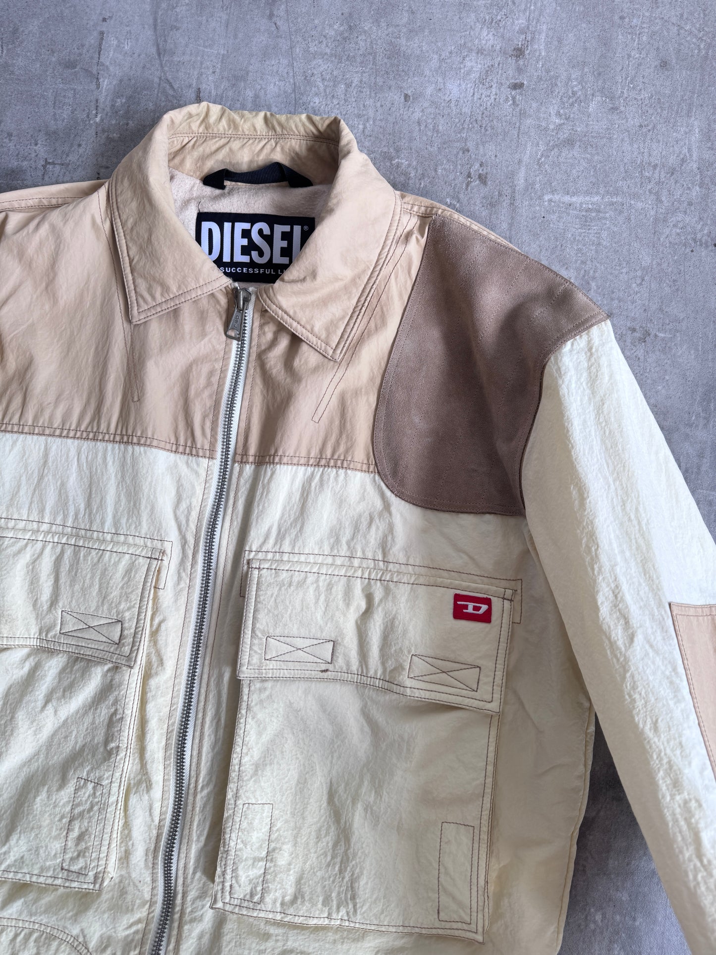 Diesel Beige Panelled Multi Fabric Hybrid Jacket