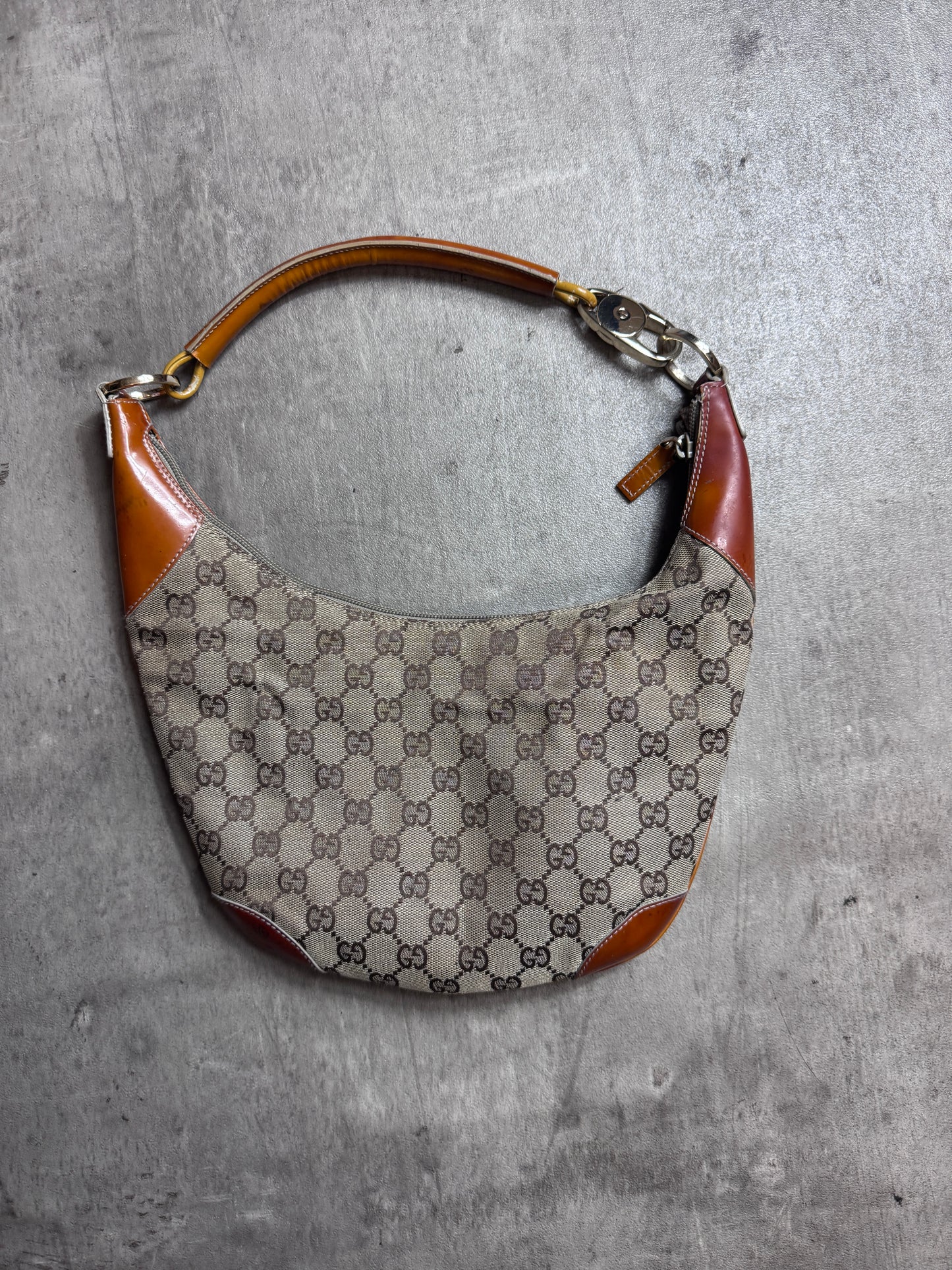 Gucci GG Supreme Beige Canvas Leather Shoulder Bag