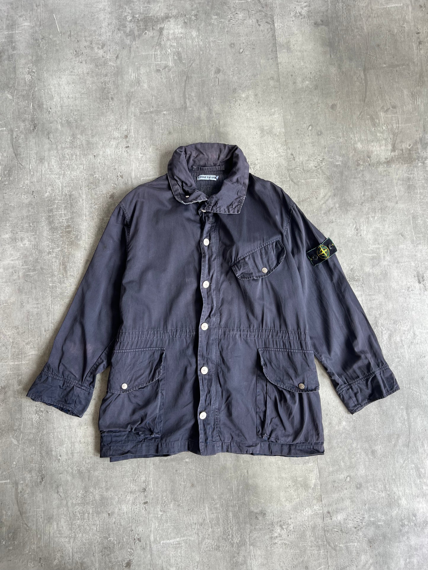 1980s Stone Island Weathered Garment Dyed Cotton Hooded Chore Jacket