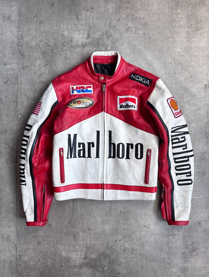 Marlboro Red / White Leather Spellout Moto Racer Jacket