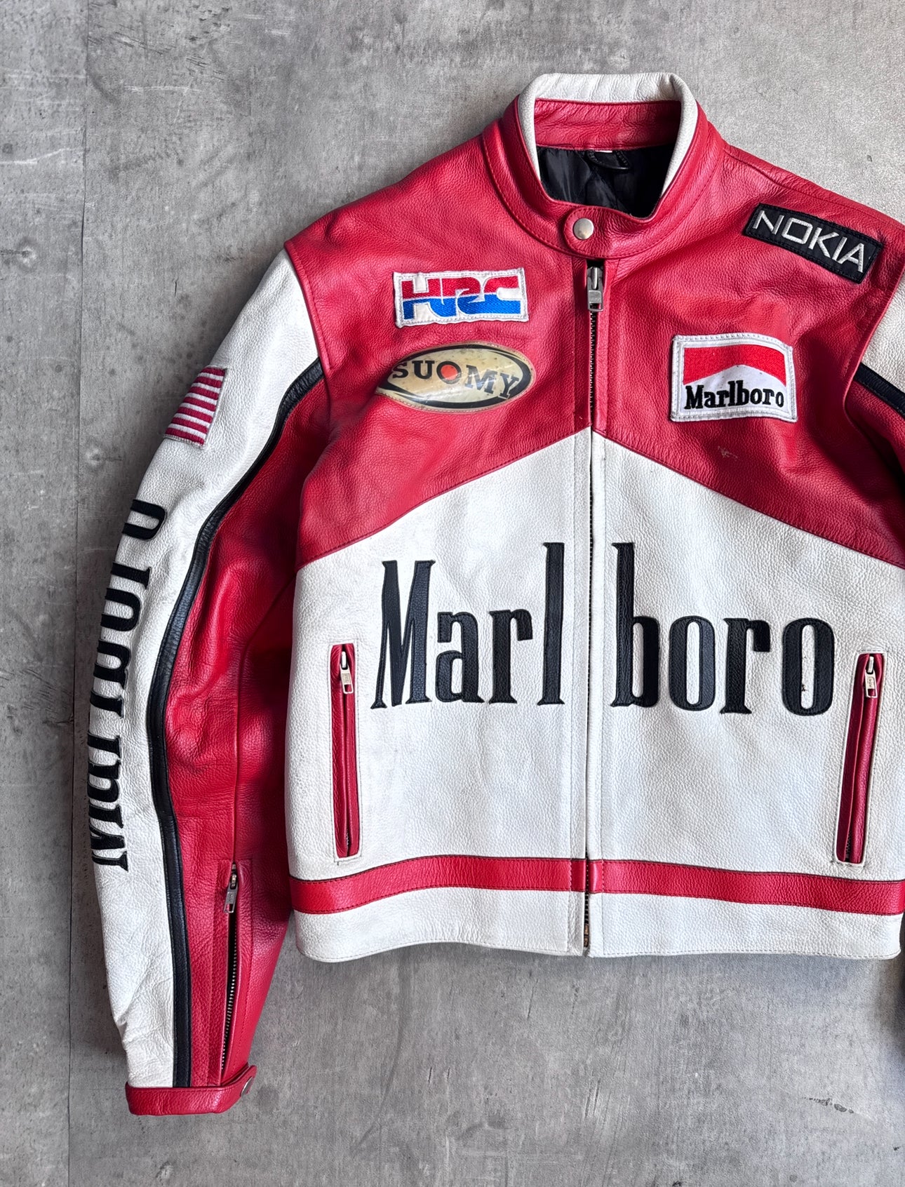 Marlboro Red / White Leather Spellout Moto Racer Jacket
