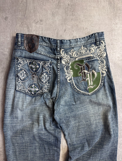 Pelle Pelle Embroidered Logo Crest Distressed Jeans