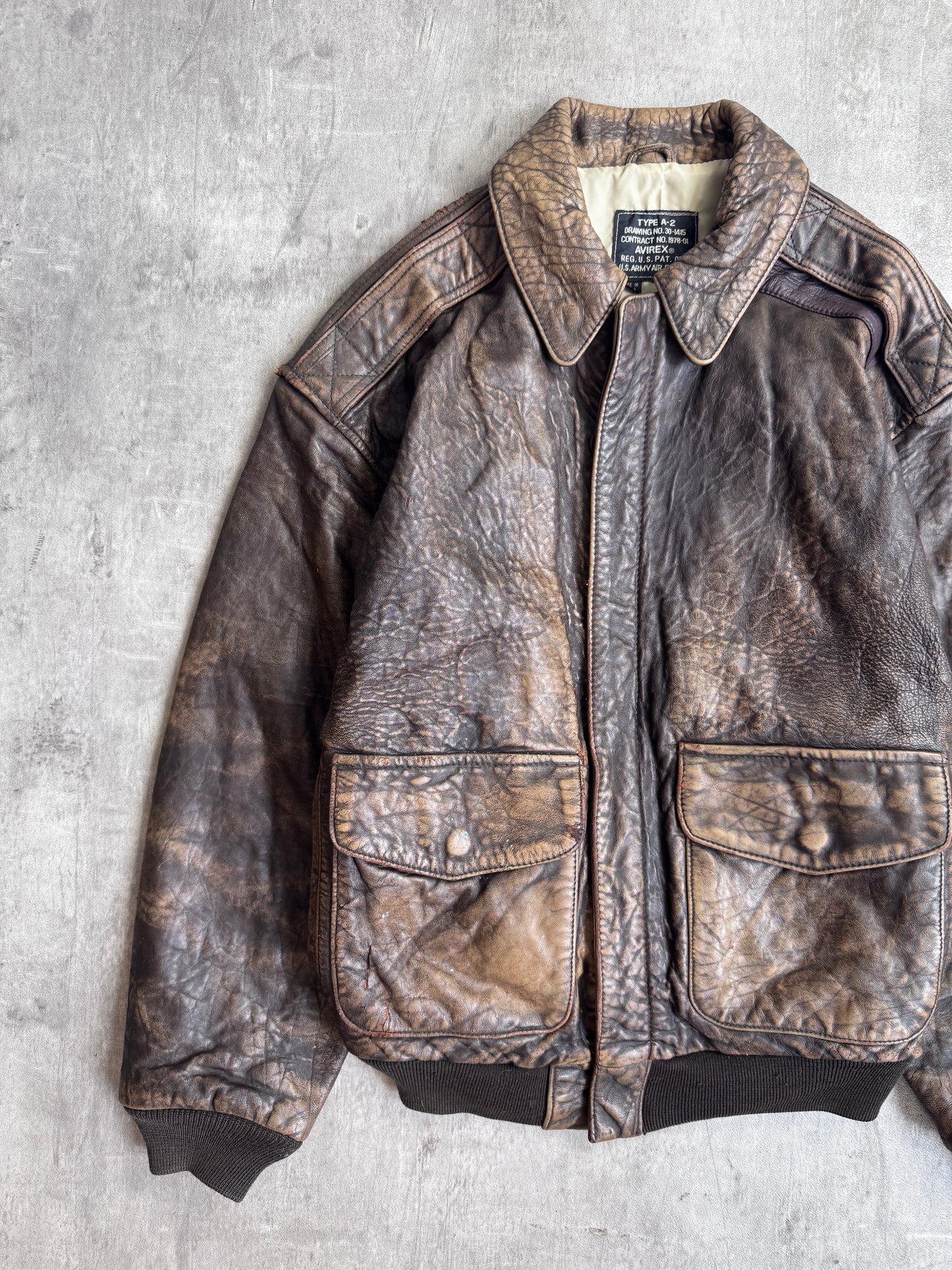 1990's Avirex A-2 Distressed Brown Leather Flight Jacket
